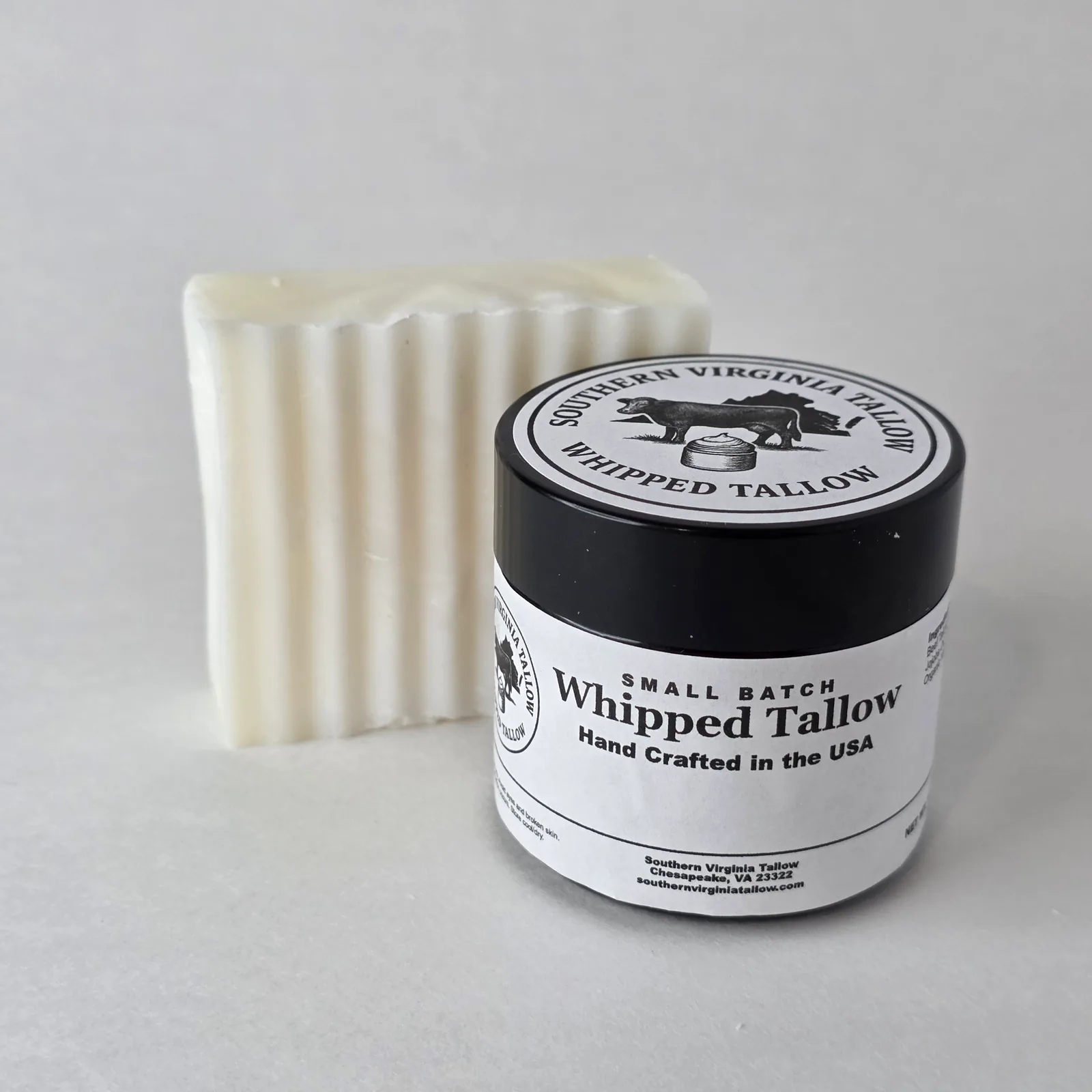 Two ounce Whipped Tallow jar with a traditional Tallow Soap bar